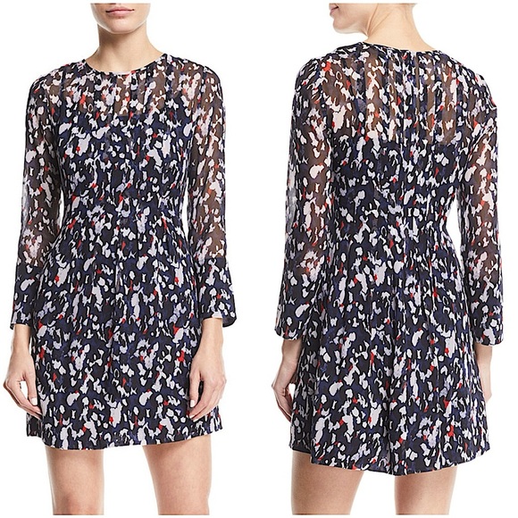 New Club Monaco Delaynee Printed Pintuck Silk Short Mini Dress Sheer Size 8 - Picture 3 of 12